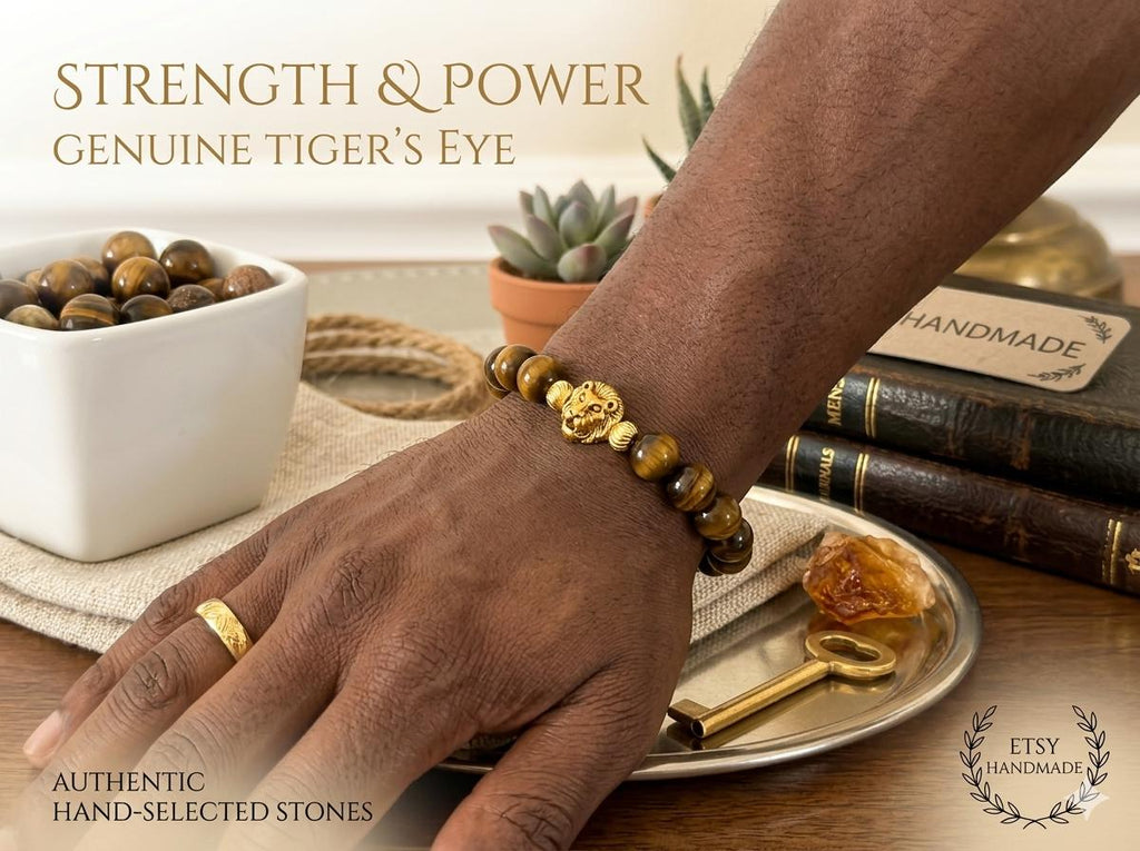Tiger Eye Protection Bracelet with Gold Lion Head Charm