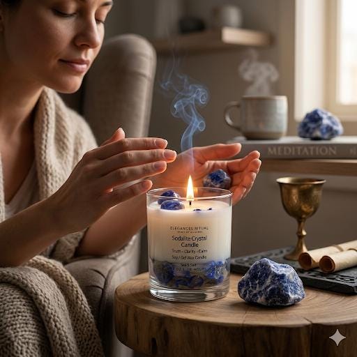 Sodalite Crystal Candle – Sea Salt Scent, 10oz Clarity & Focus Candle