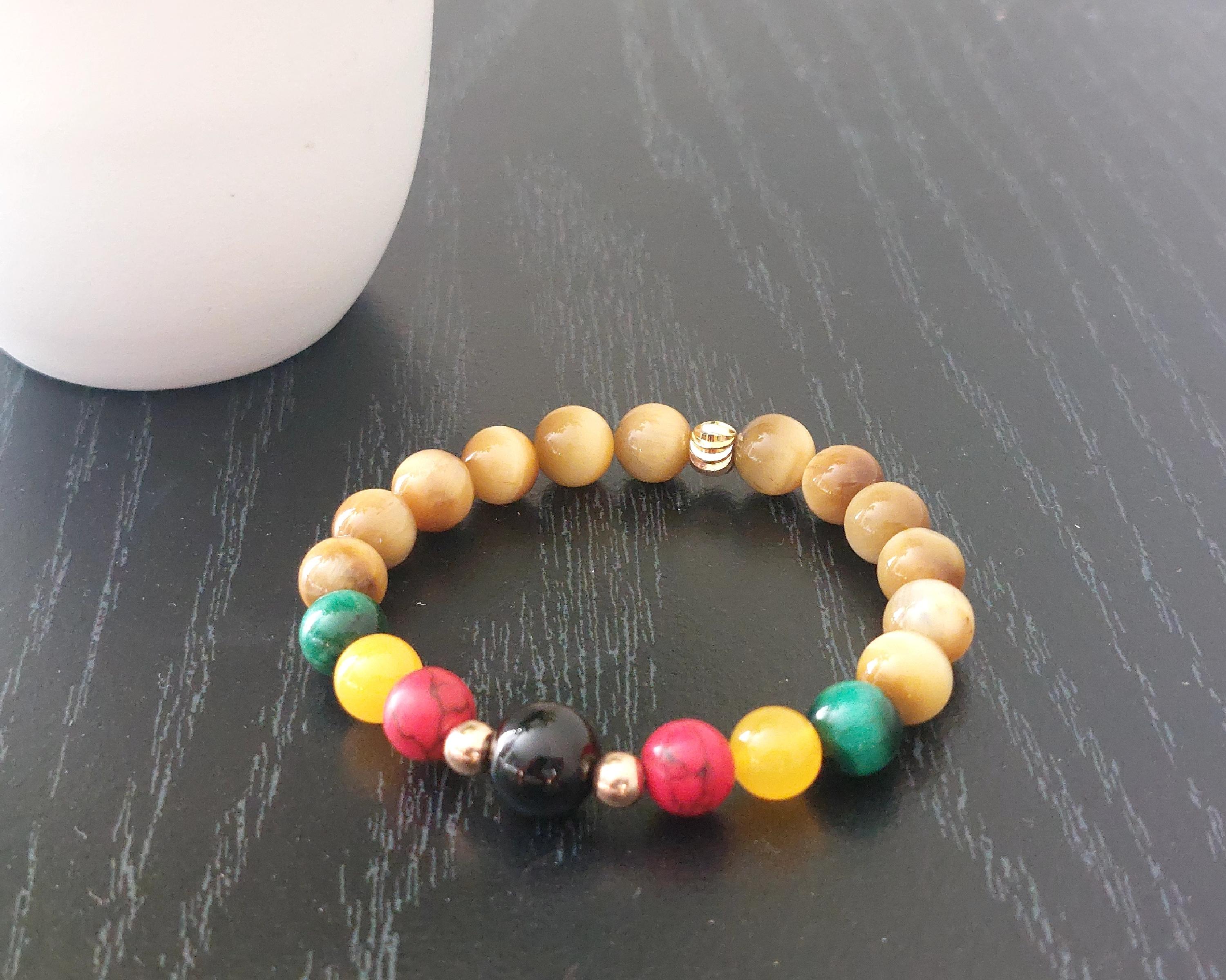 Pan African Gold Tiger Eye Bracelet Red, Black, & Green Beads, Afrocentric Healing Crystal Jewelry