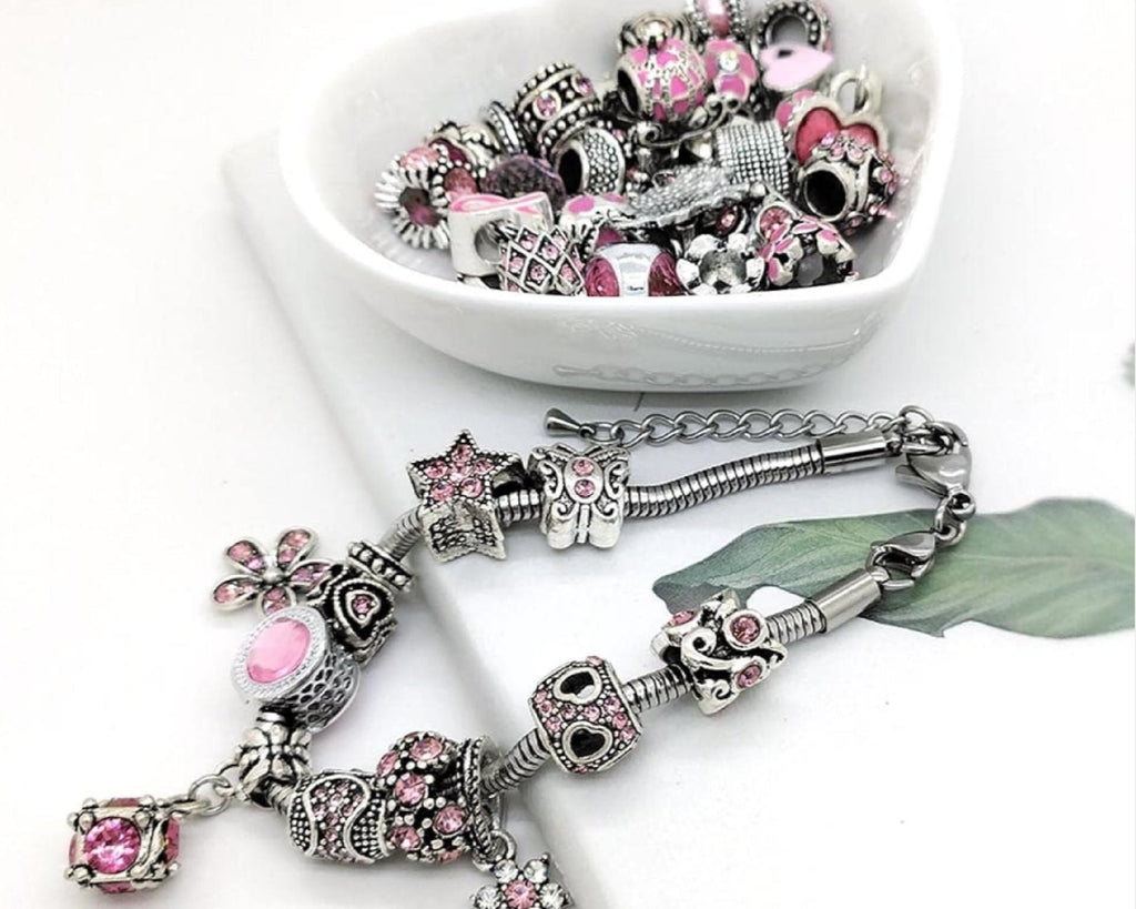 Pink Pandora Style Charms: Silver Beads, Snake Chain Bracelet Gift for her