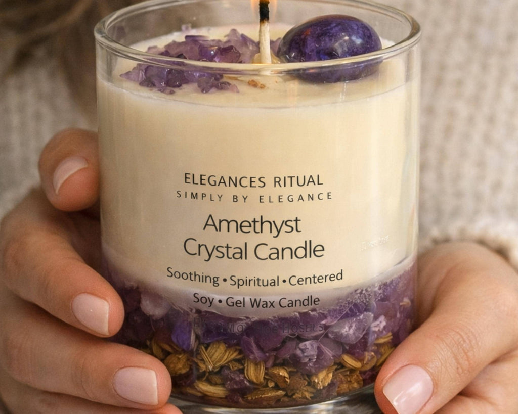 Amethyst Crystal Candle – Sandalwood Scent, 10oz Calm Energy Candle