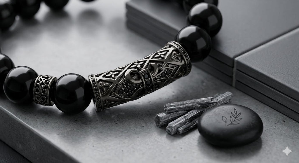 Mens Black Onyx Bracelet with Metal Filigree Tube
