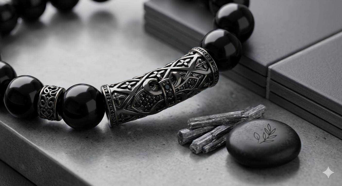 Mens Black Onyx Bracelet with Metal Filigree Tube