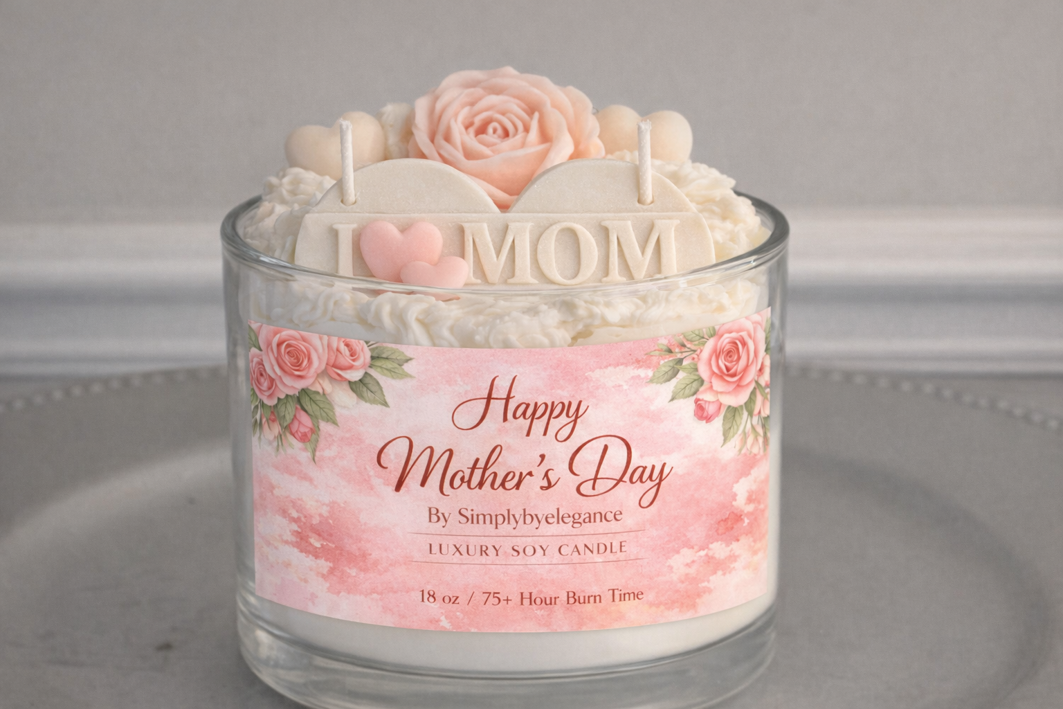 Pink Rose Candle – ‘I LOVE MOM’ Topper, 18oz Floral Mother’s Day Gift