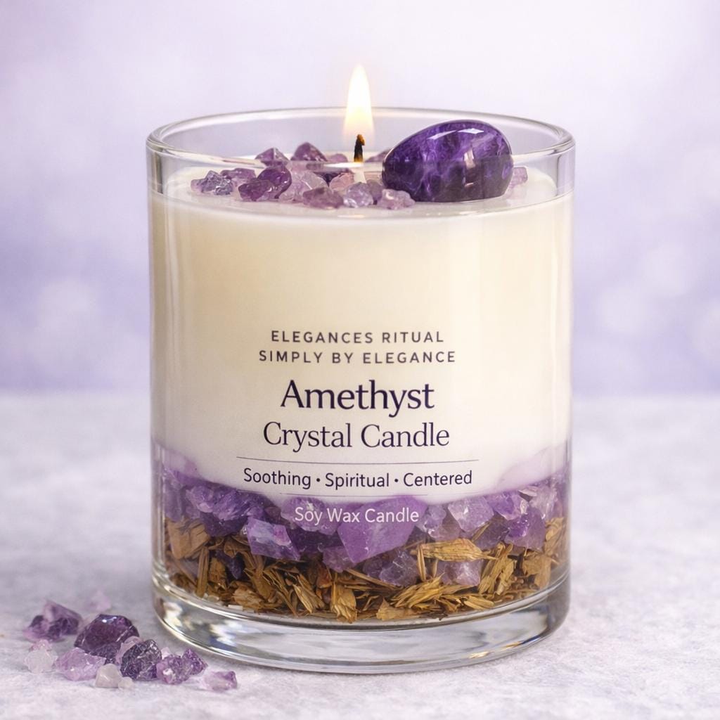 Amethyst Crystal Candle – Sandalwood Scent, 10oz Calm Energy Candle