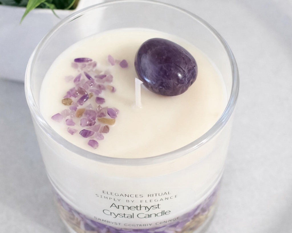 Amethyst Crystal Candle – Sandalwood Scent, 10oz Calm Energy Candle