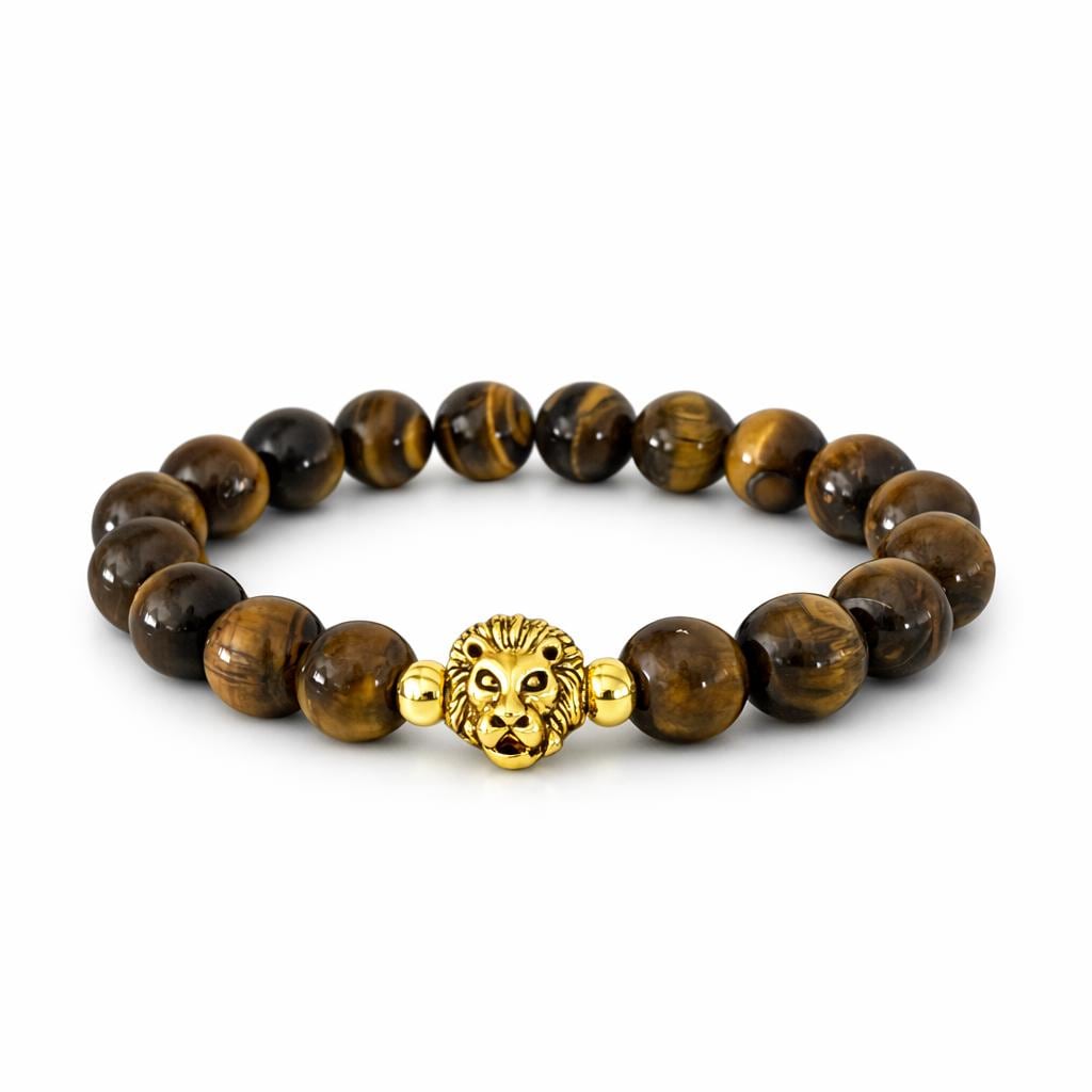 Tiger Eye Protection Bracelet with Gold Lion Head Charm