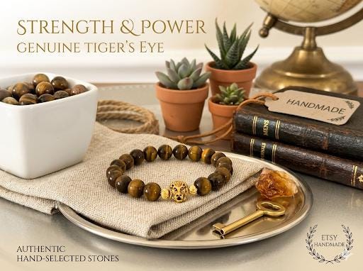 Tiger Eye Protection Bracelet with Gold Lion Head Charm