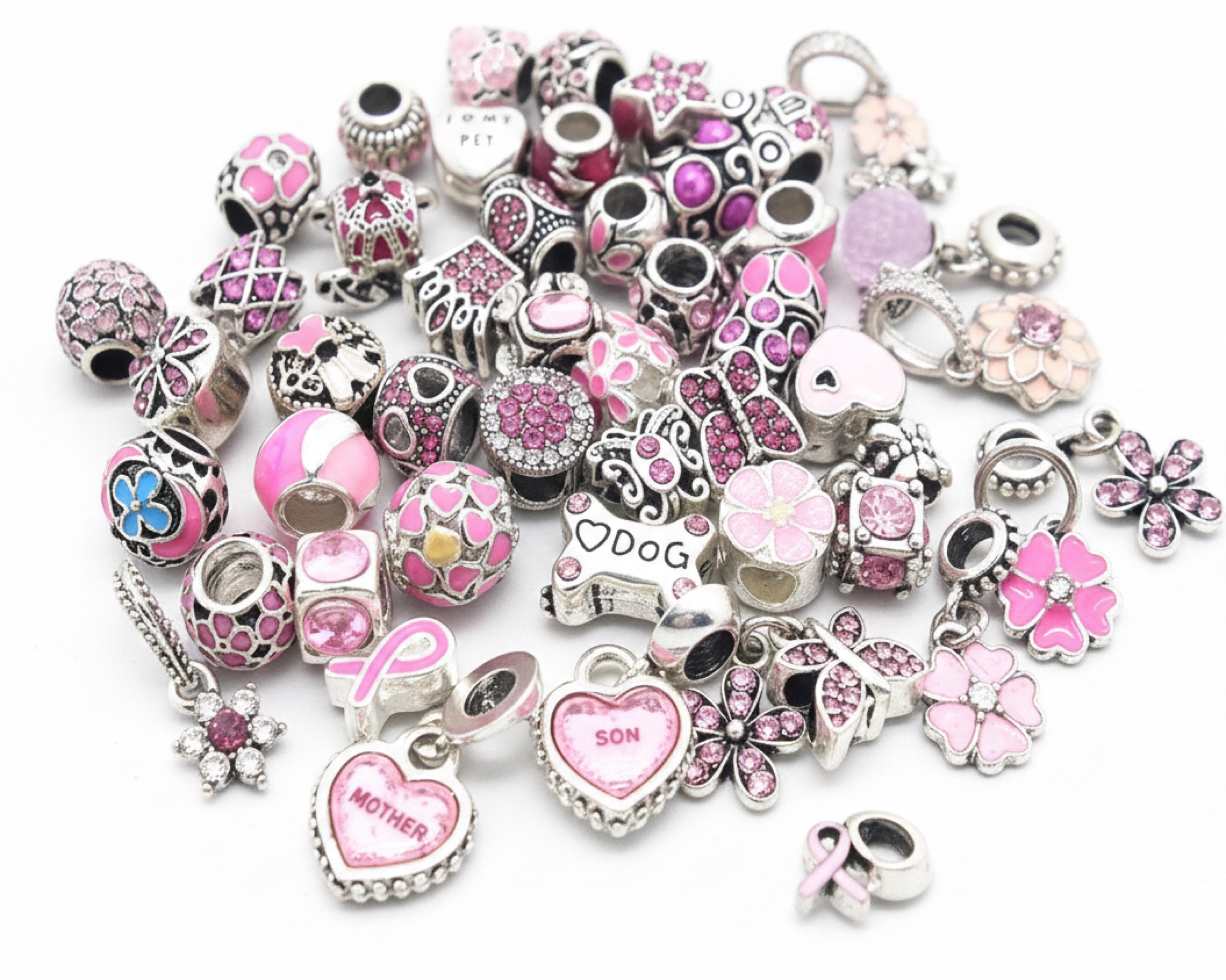 Pink Pandora Style Charms: Silver Beads, Snake Chain Bracelet Gift for her