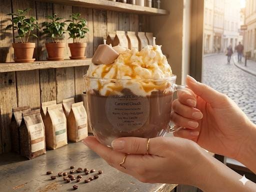 Caramel Clouds Candle – Caramel Latte Cafe Mocha Scent, 15oz Cozy Café Candle