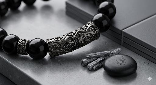 Mens Black Onyx Bracelet with Metal Filigree Tube
