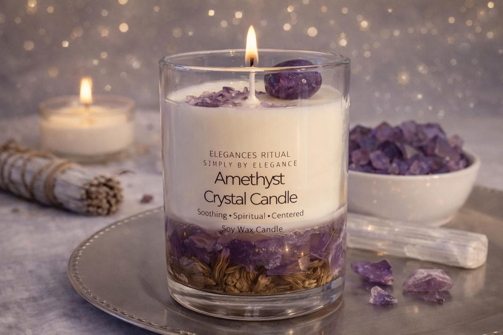 Amethyst Crystal Candle – Sandalwood Scent, 10oz Calm Energy Candle