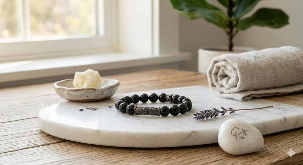 Mens Black Onyx Bracelet with Metal Filigree Tube
