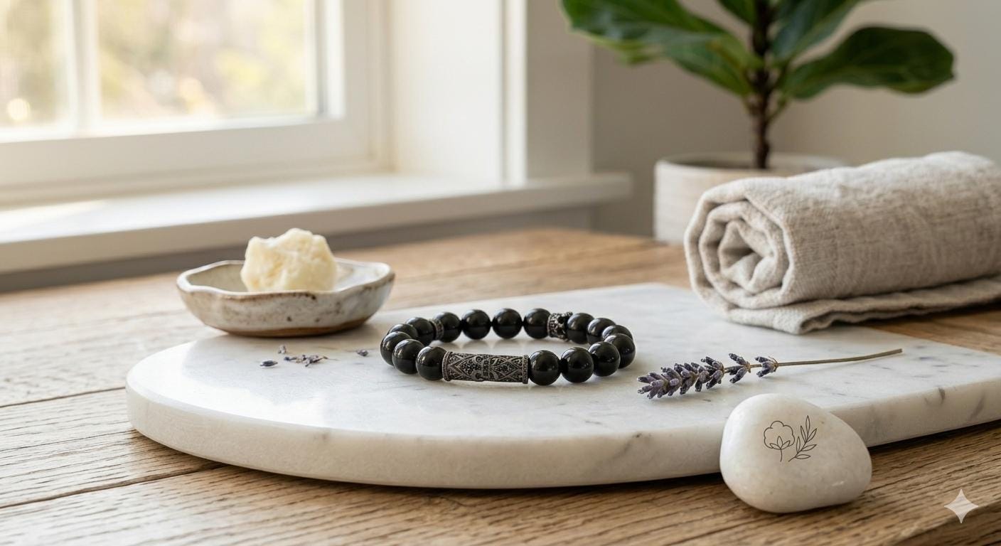 Mens Black Onyx Bracelet with Metal Filigree Tube
