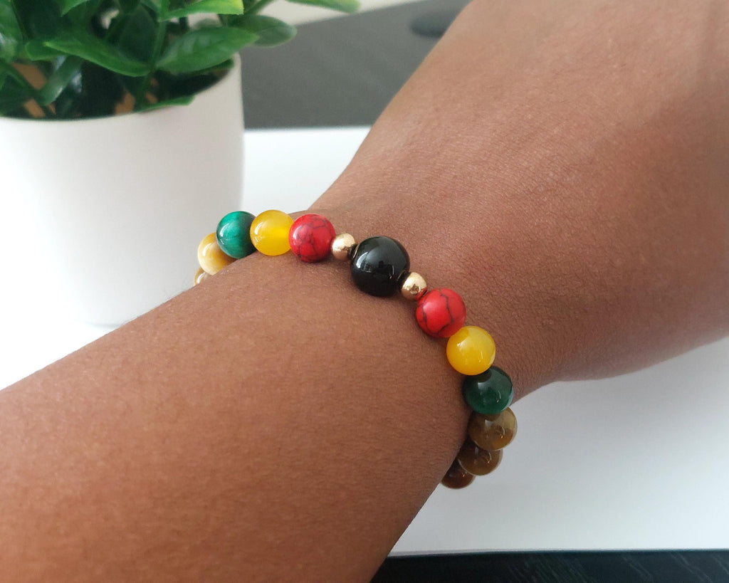 Pan African Gold Tiger Eye Bracelet Red, Black, & Green Beads, Afrocentric Healing Crystal Jewelry