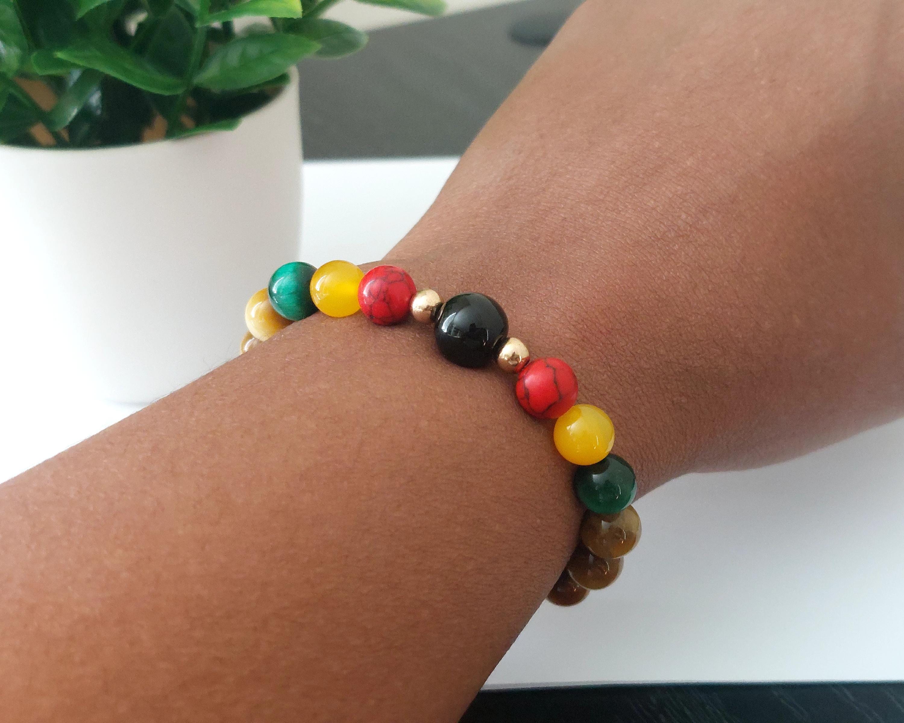 Pan African Gold Tiger Eye Bracelet Red, Black, & Green Beads, Afrocentric Healing Crystal Jewelry