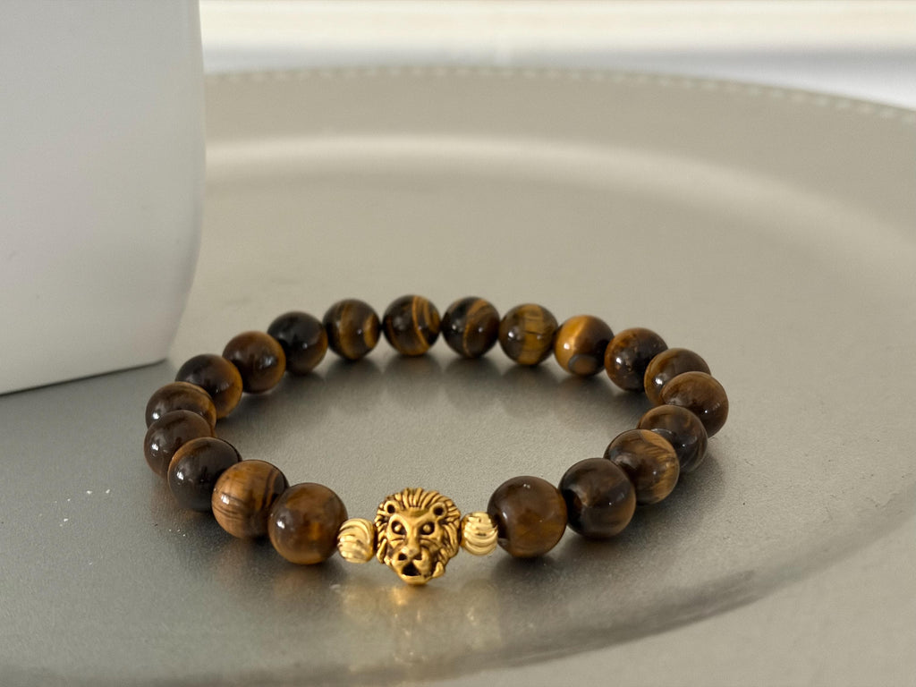 Tiger Eye Protection Bracelet with Gold Lion Head Charm