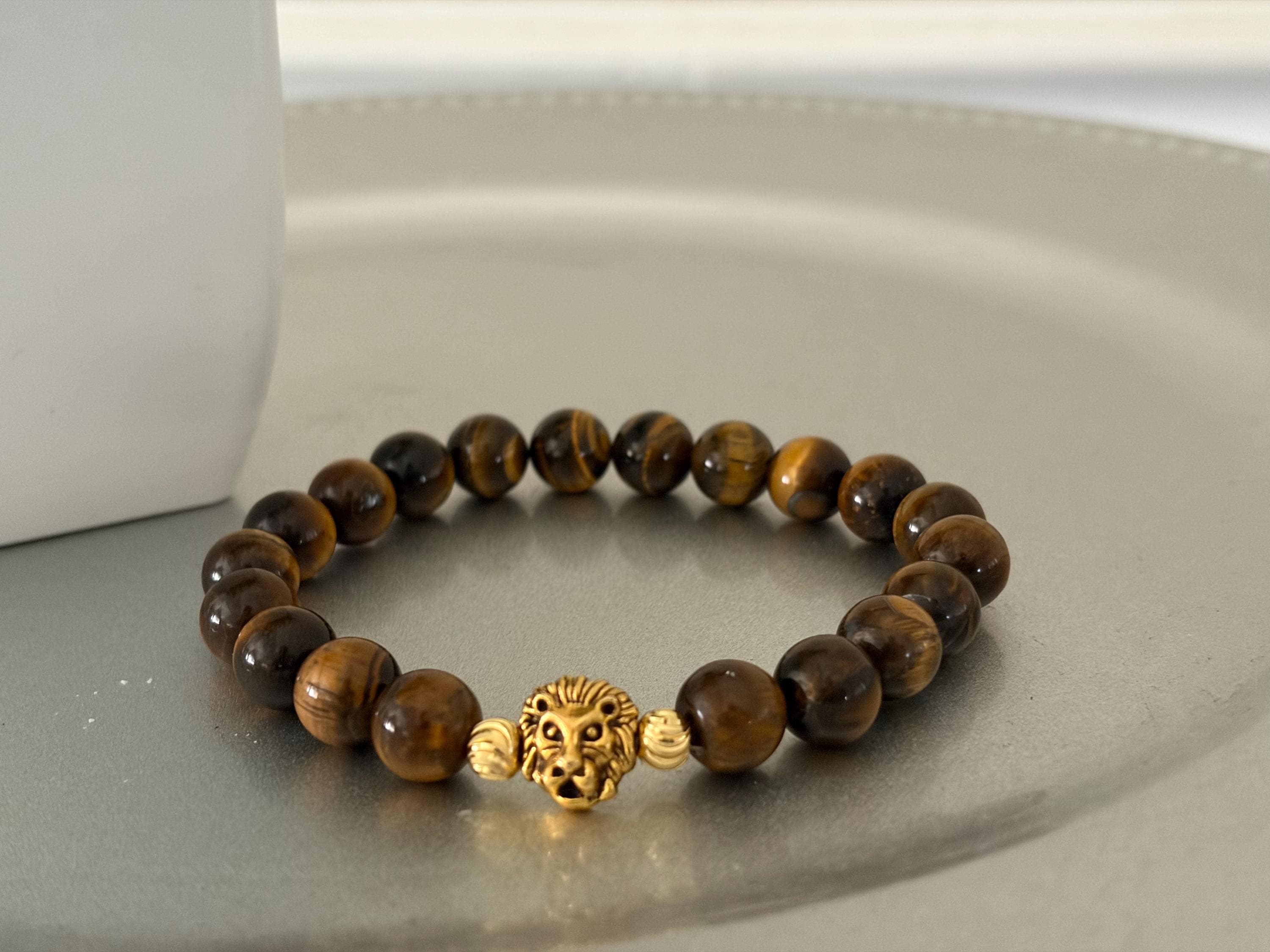 Tiger Eye Protection Bracelet with Gold Lion Head Charm