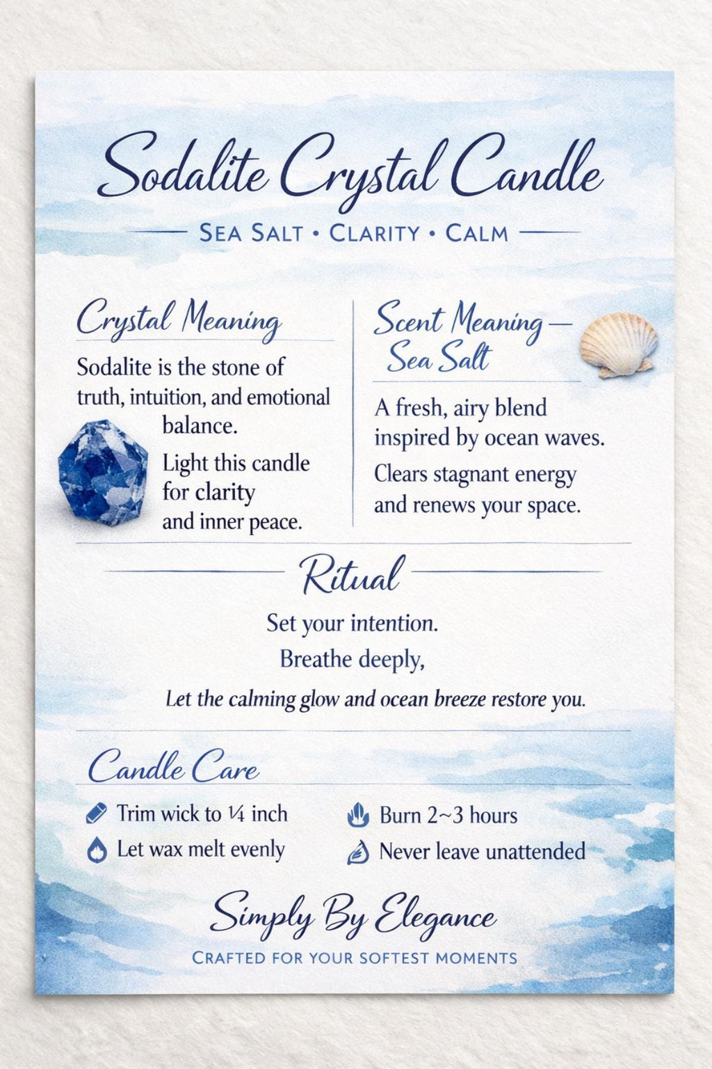 Sodalite Crystal Candle – Sea Salt Scent, 10oz Clarity & Focus Candle