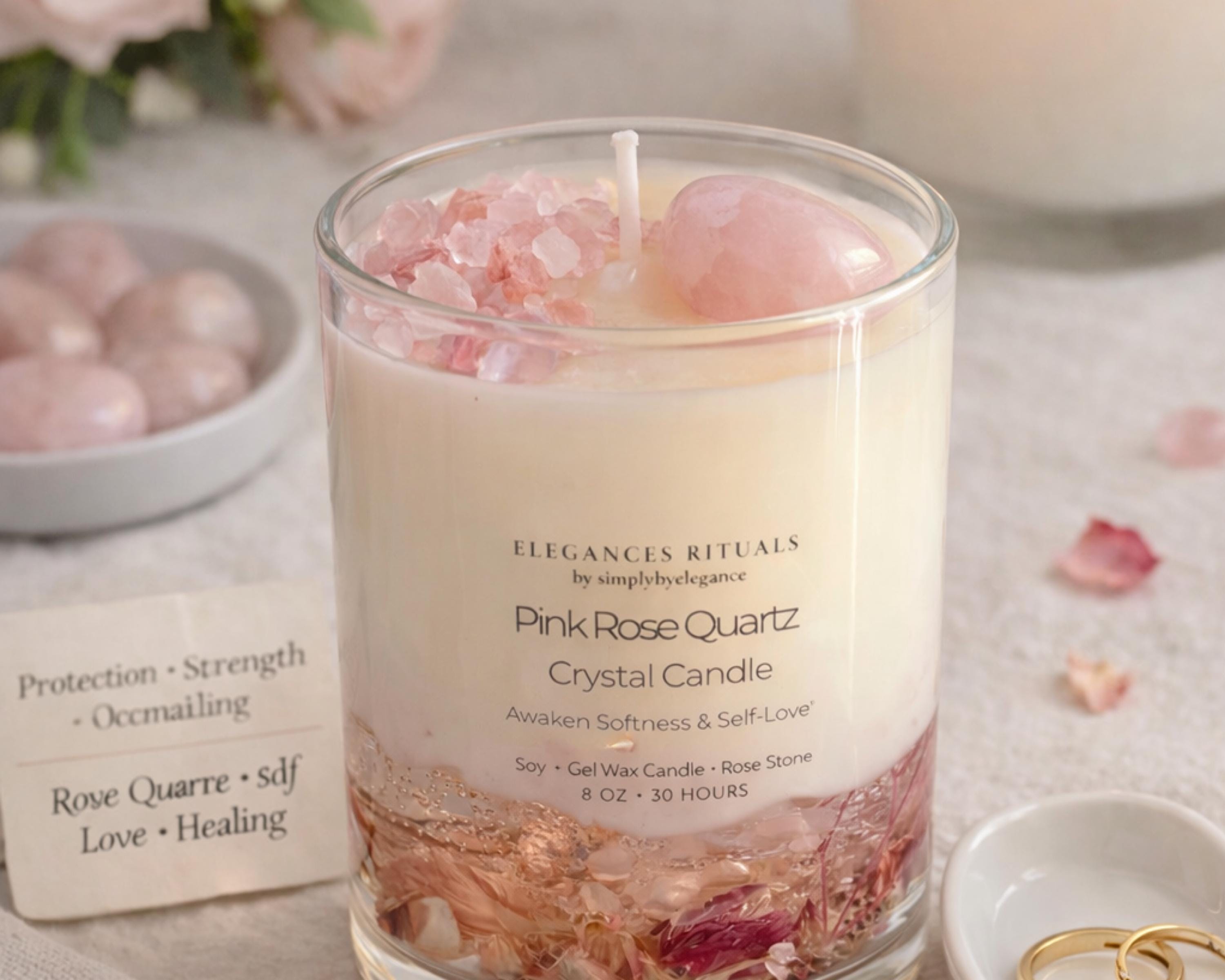 Rose Quartz Crystal Candle –  Rose Scent, 10oz Self‑Love Candle