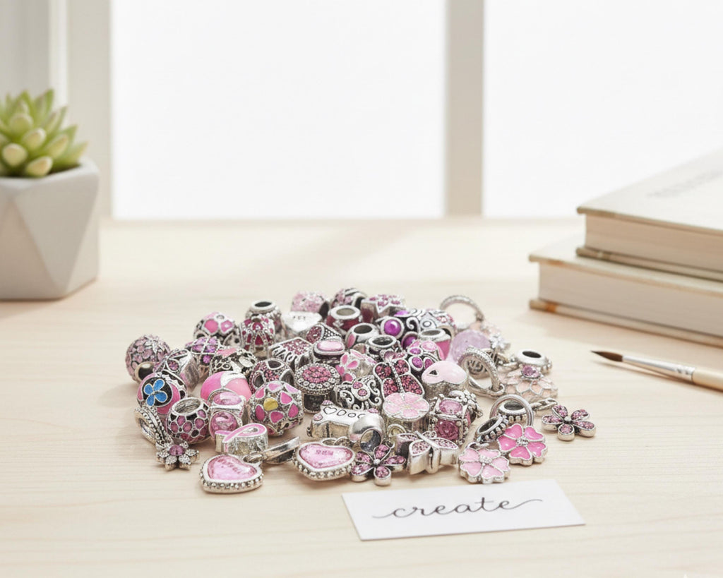 Pink Pandora Style Charms: Silver Beads, Snake Chain Bracelet Gift for her