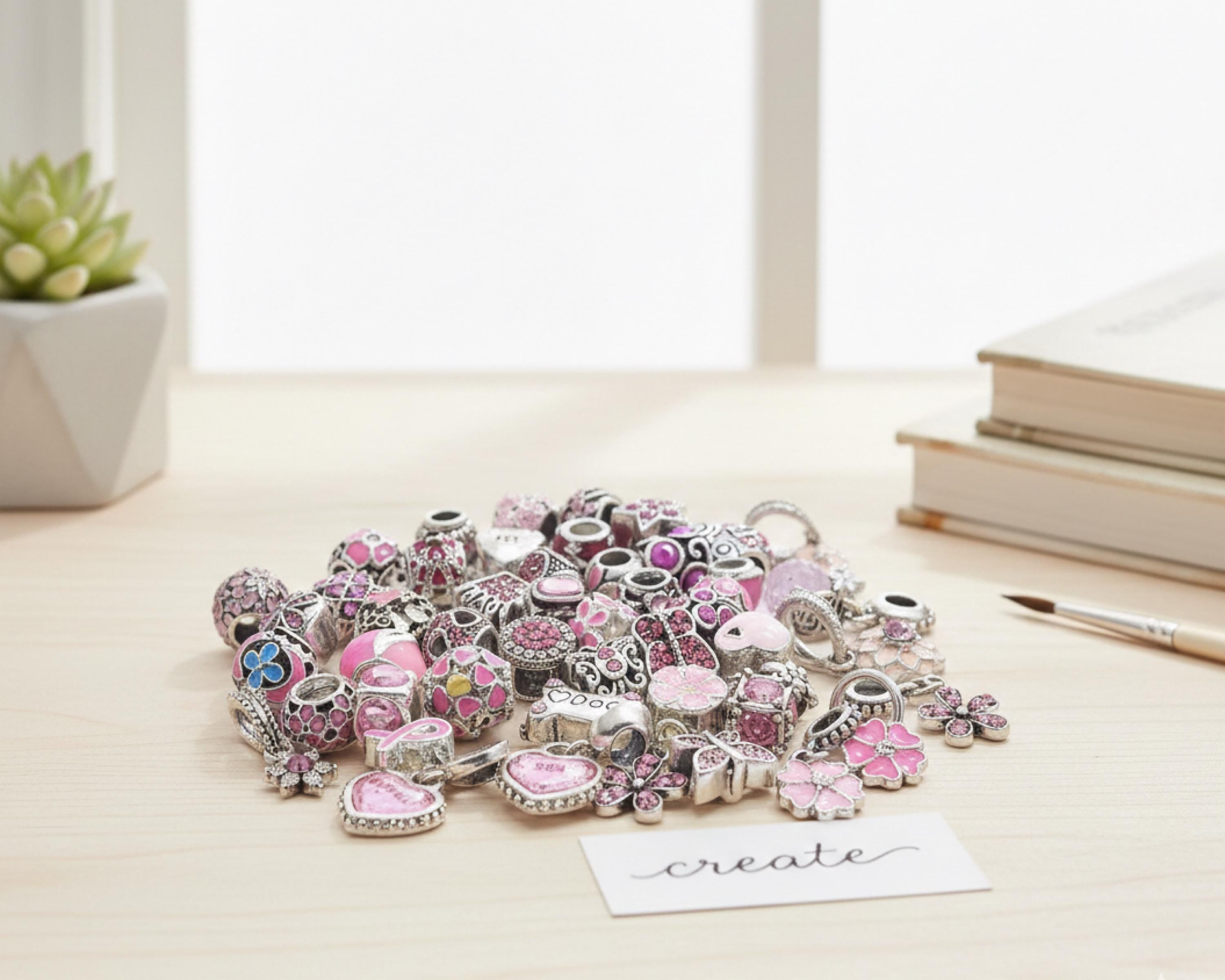 Pink Pandora Style Charms: Silver Beads, Snake Chain Bracelet Gift for her