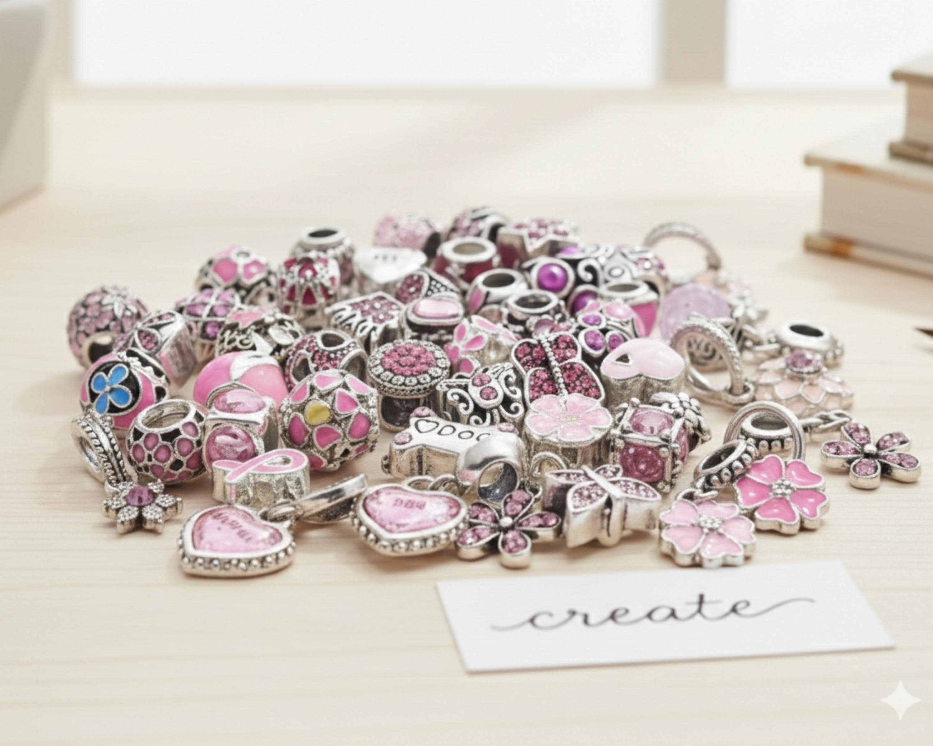 Pink Pandora Style Charms: Silver Beads, Snake Chain Bracelet Gift for her