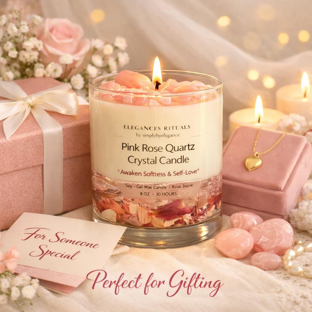 Rose Quartz Crystal Candle –  Rose Scent, 10oz Self‑Love Candle