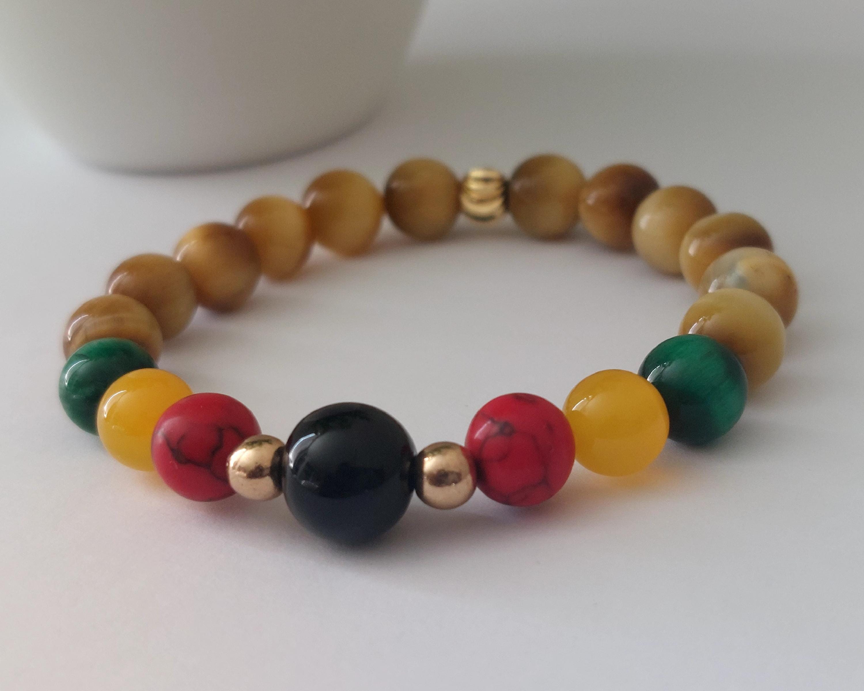 Pan African Gold Tiger Eye Bracelet Red, Black, & Green Beads, Afrocentric Healing Crystal Jewelry