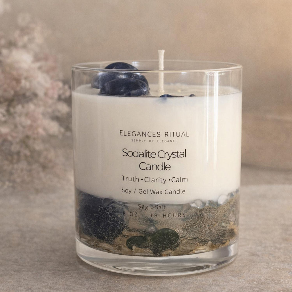 Sodalite Crystal Candle – Sea Salt Scent, 10oz Clarity & Focus Candle