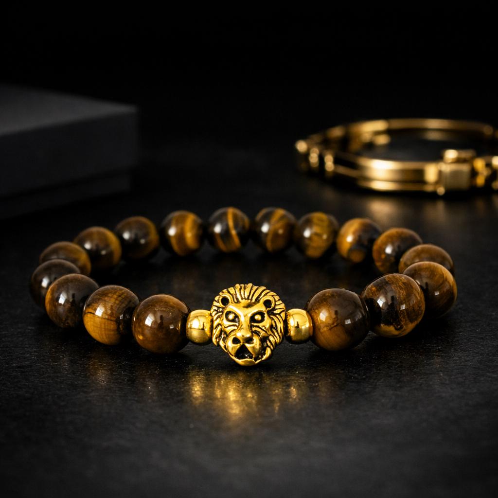 Tiger Eye Protection Bracelet with Gold Lion Head Charm