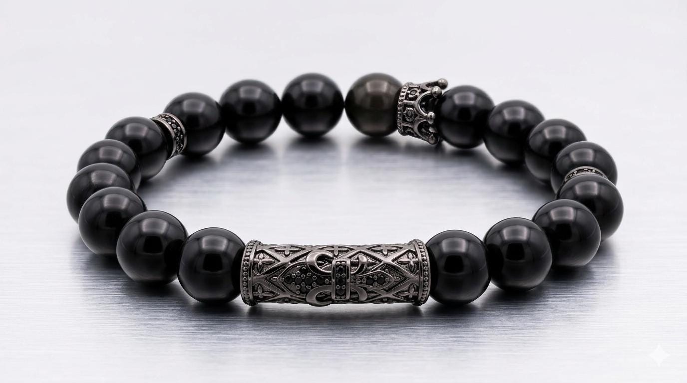 Mens Black Onyx Bracelet with Metal Filigree Tube