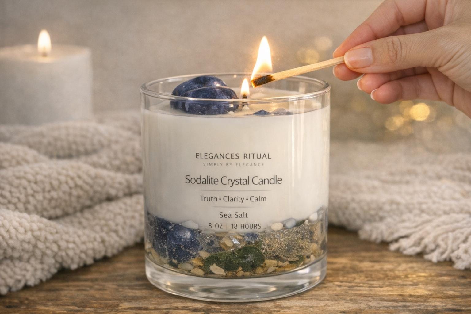 Sodalite Crystal Candle – Sea Salt Scent, 10oz Clarity & Focus Candle