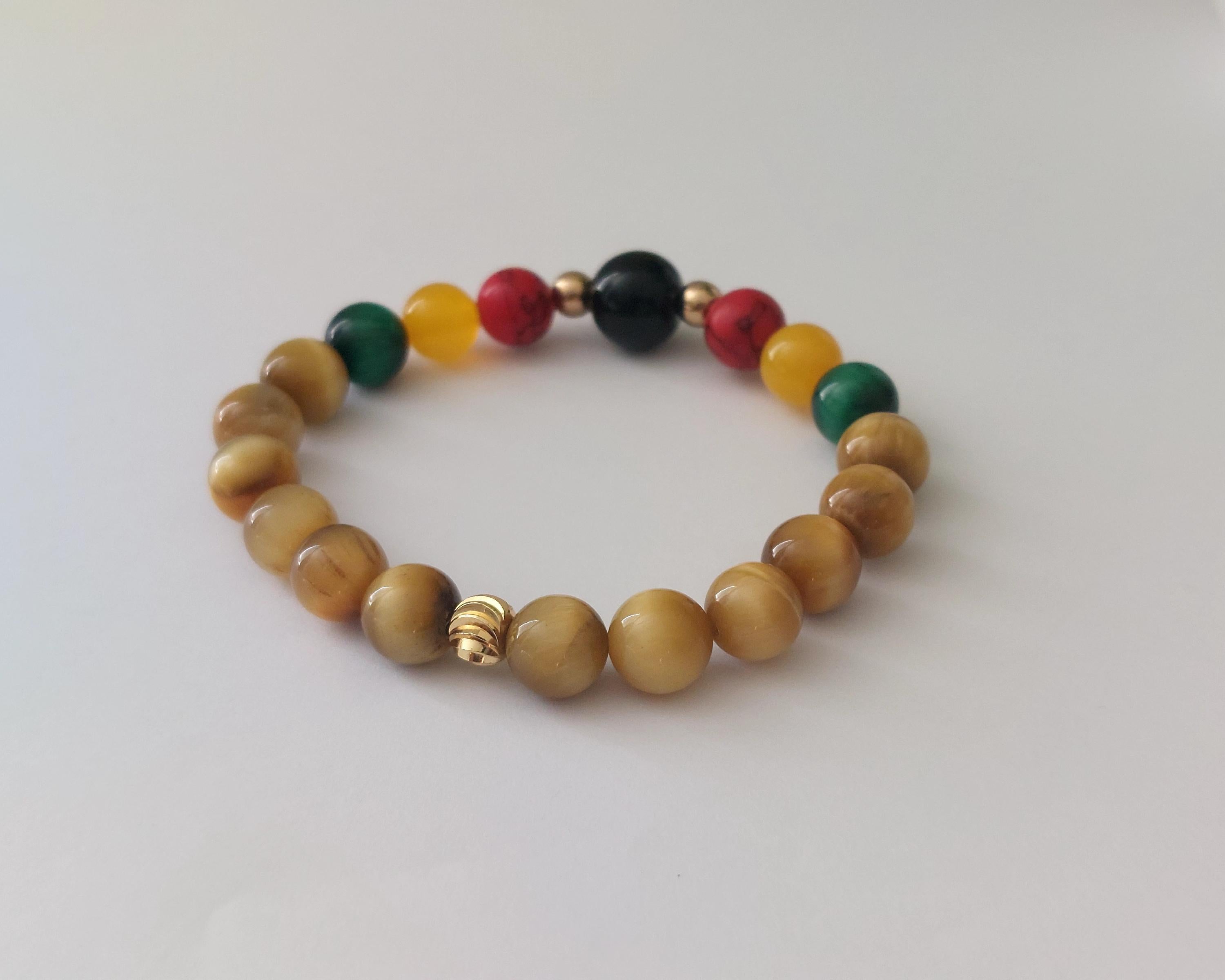 Pan African Gold Tiger Eye Bracelet Red, Black, & Green Beads, Afrocentric Healing Crystal Jewelry