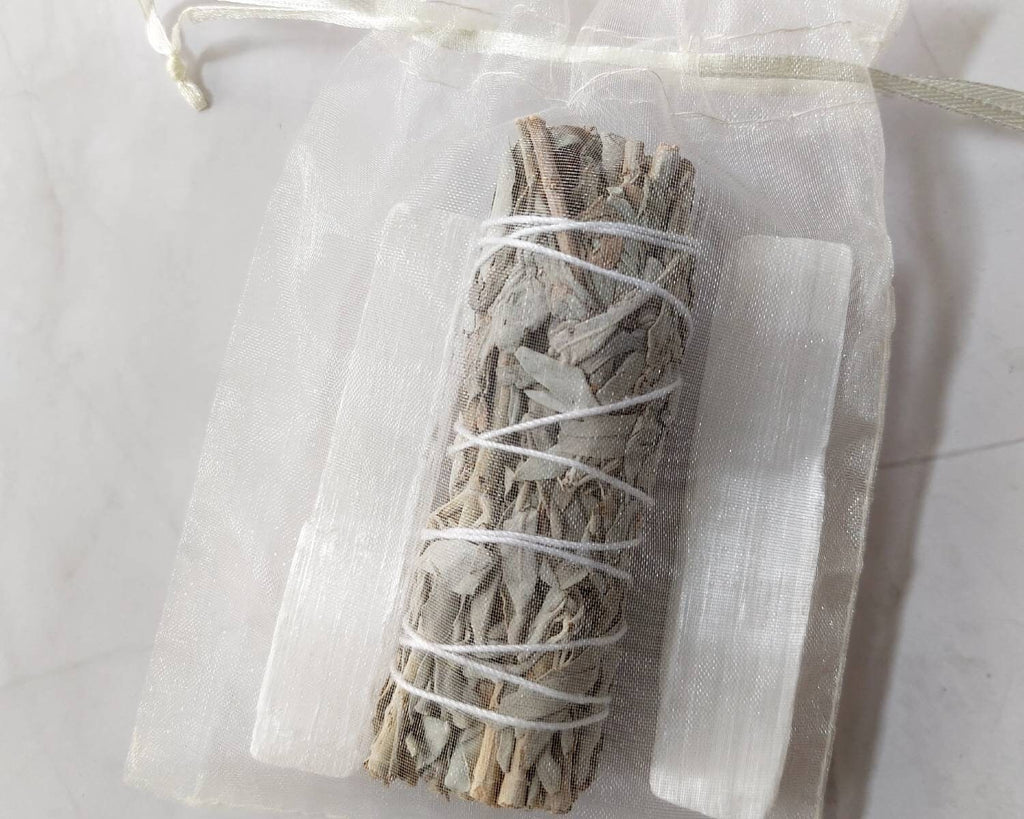 White Sage Smudge Bundle with Selenite Sticks • Energy Cleansing Kit