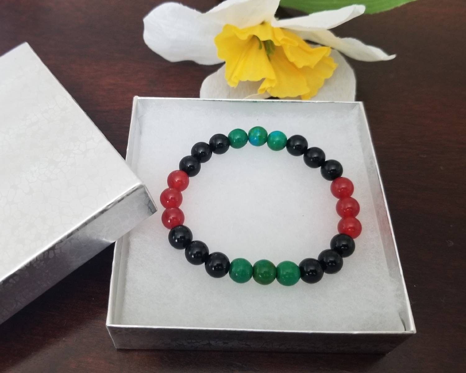 RBG Beaded Bracelet – Red Black Green African Pride Stretch Jewelry – Cultural Empowerment Gift