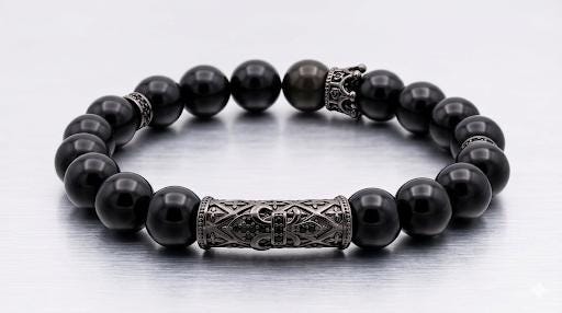 Mens Black Onyx Bracelet with Metal Filigree Tube