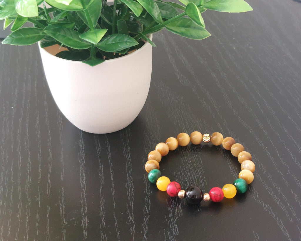 Pan African Gold Tiger Eye Bracelet Red, Black, & Green Beads, Afrocentric Healing Crystal Jewelry