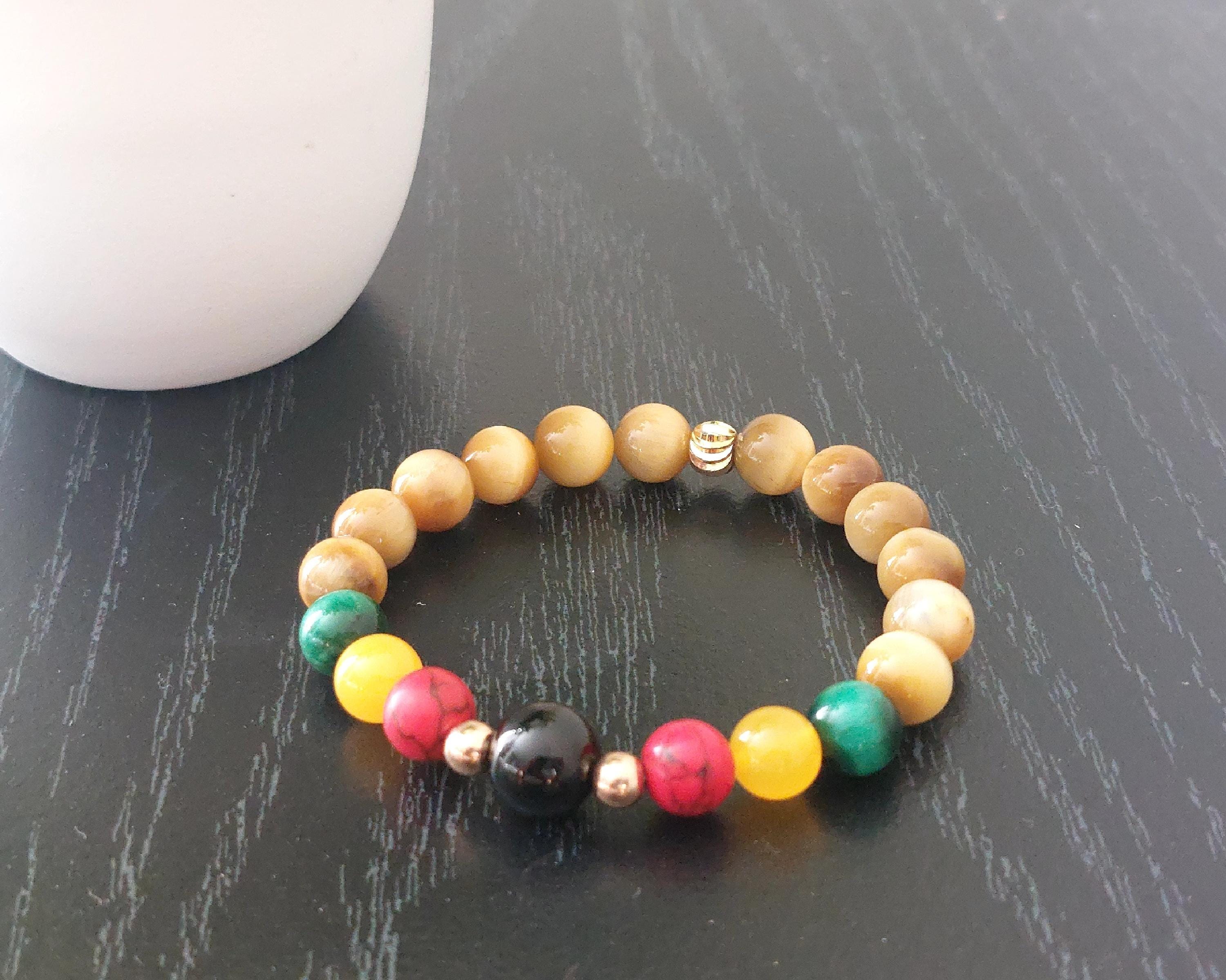 Pan African Gold Tiger Eye Bracelet Red, Black, & Green Beads, Afrocentric Healing Crystal Jewelry