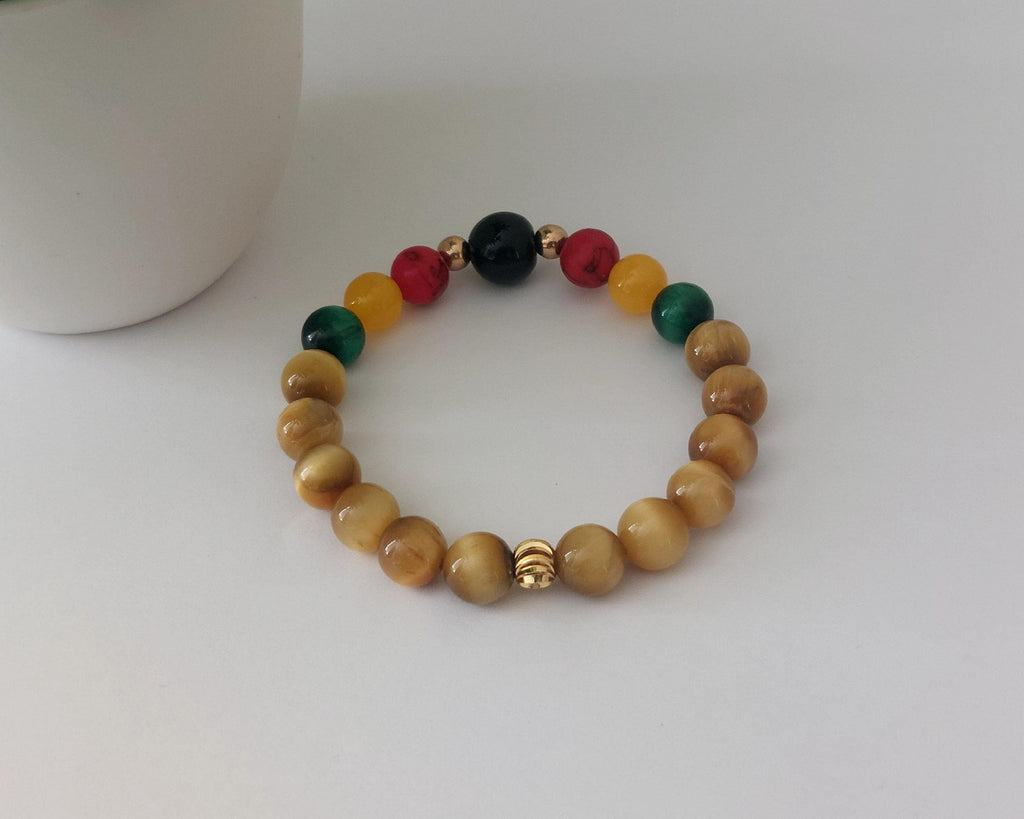 Pan African Gold Tiger Eye Bracelet Red, Black, & Green Beads, Afrocentric Healing Crystal Jewelry