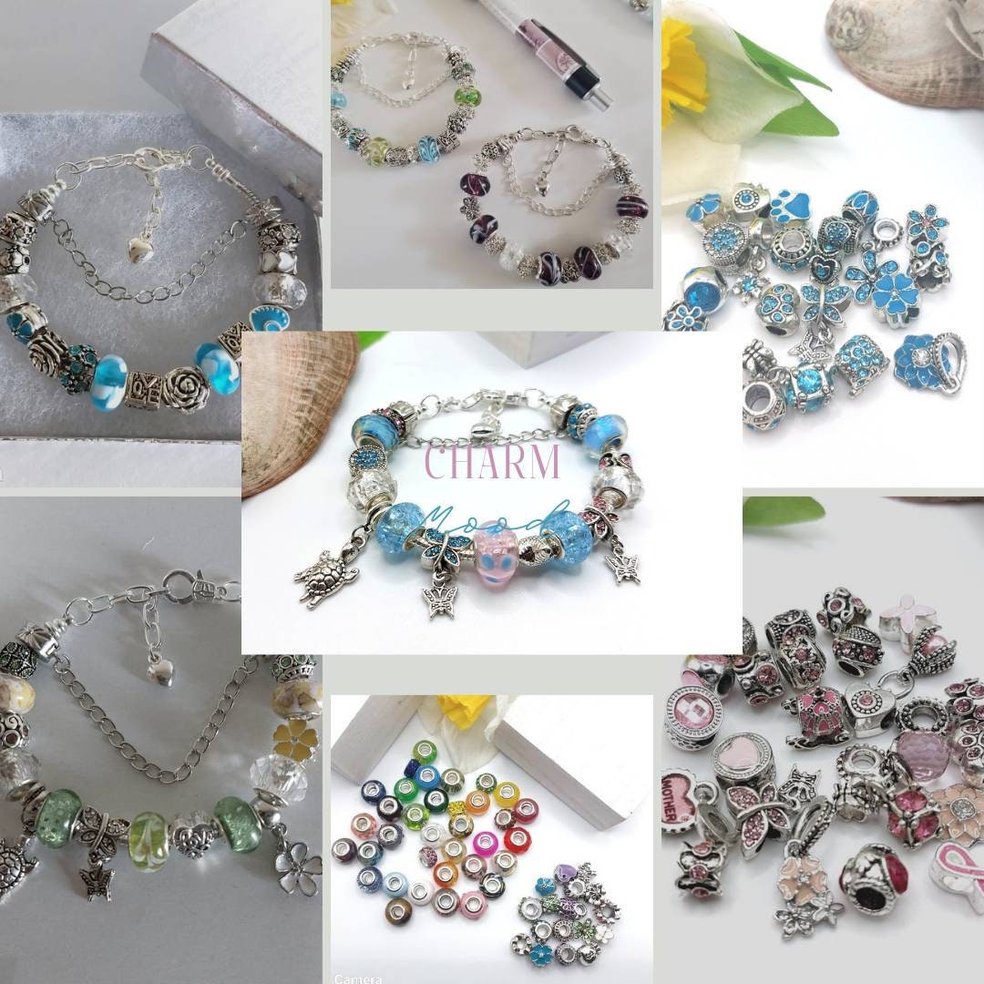 Pink Pandora Style Charms: Silver Beads, Snake Chain Bracelet Gift for her