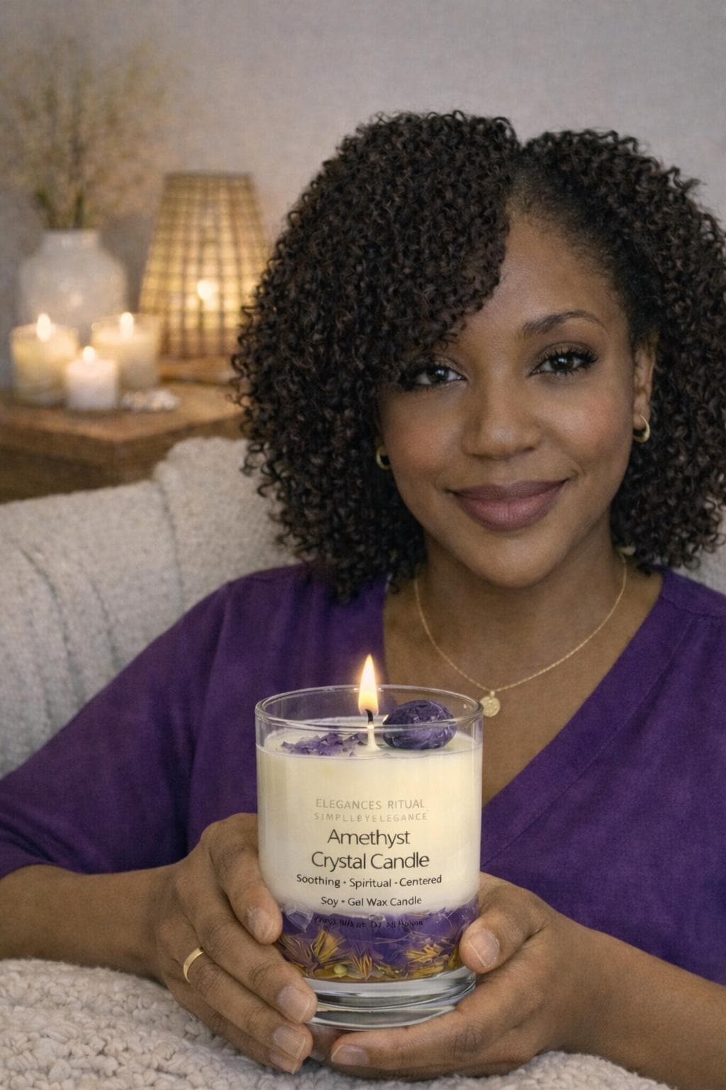 Amethyst Crystal Candle – Sandalwood Scent, 10oz Calm Energy Candle