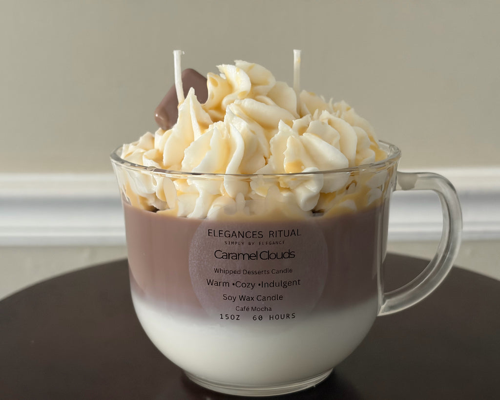 Caramel Clouds Candle – Caramel Latte Cafe Mocha Scent, 15oz Cozy Café Candle