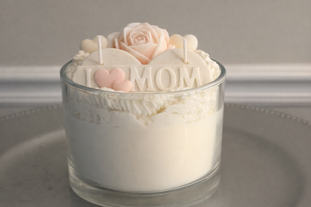 Pink Rose Candle – ‘I LOVE MOM’ Topper, 18oz Floral Mother’s Day Gift