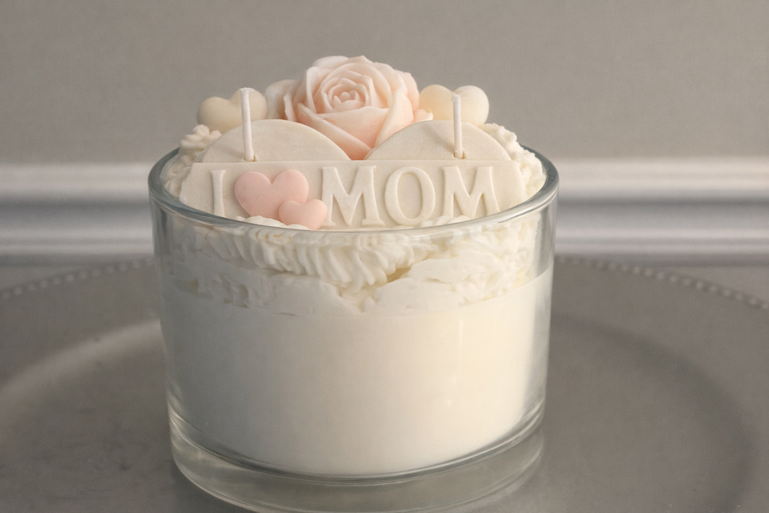 Pink Rose Candle – ‘I LOVE MOM’ Topper, 18oz Floral Mother’s Day Gift