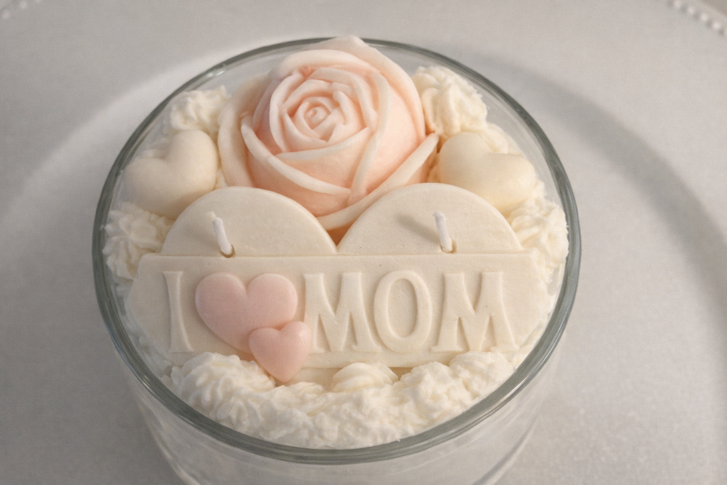 Pink Rose Candle – ‘I LOVE MOM’ Topper, 18oz Floral Mother’s Day Gift
