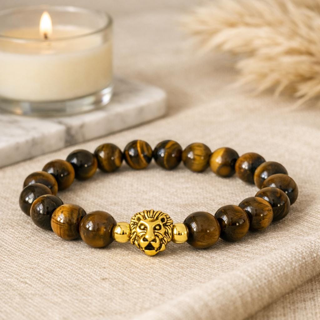 Tiger Eye Protection Bracelet with Gold Lion Head Charm