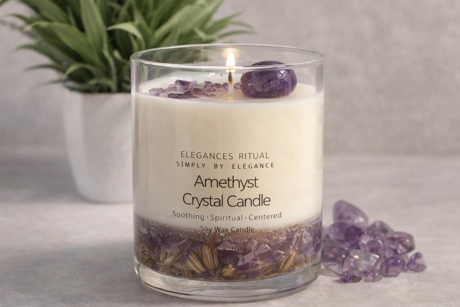 Amethyst Crystal Candle – Sandalwood Scent, 10oz Calm Energy Candle