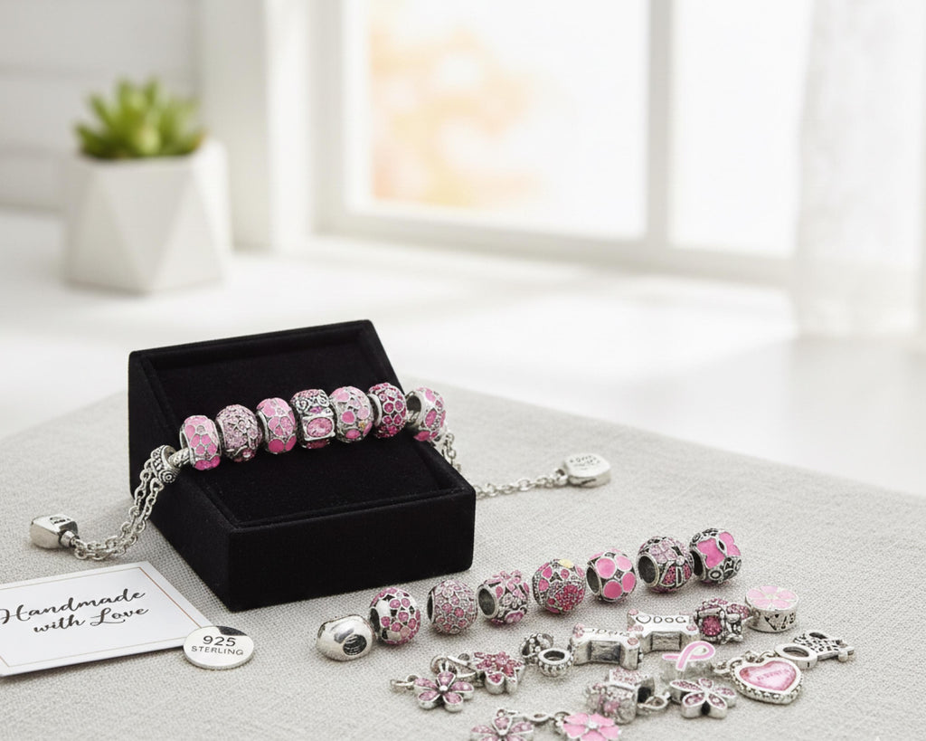 Pink Pandora Style Charms: Silver Beads, Snake Chain Bracelet Gift for her