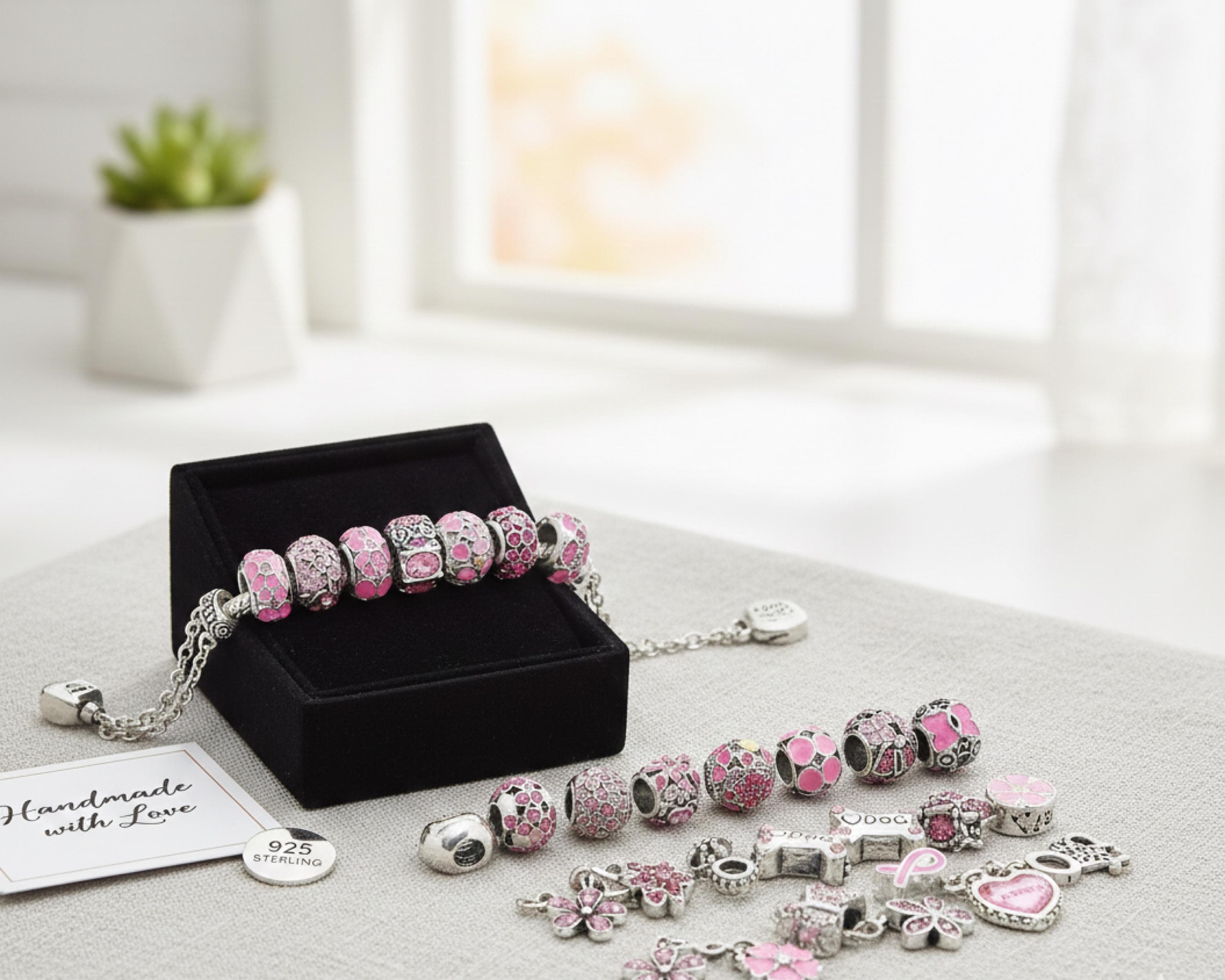Pink Pandora Style Charms: Silver Beads, Snake Chain Bracelet Gift for her